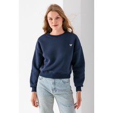 Kadın Bisiklet Yaka Kelebek Aksesuarlı 3ip Crop Sweatshirt Lacivert - 2670