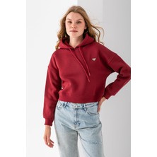 Kadın Kapüşonlu Fashion Aksesuarlı 3ip Crop Sweatshirt Bordo - 2667