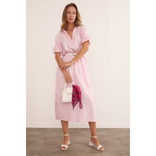   Çizgili Gömlek Yaka Beli ve Kolu Lastikli Elbise