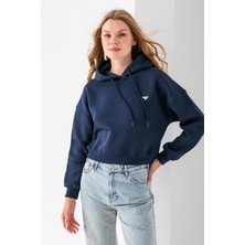 Kadın Kapüşonlu Fashion Aksesuarlı 3ip Crop Sweatshirt Lacivert - 2667