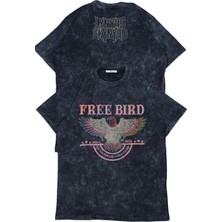 Unisex Free Bird Ense Baskılı Yıkamalı T-Shirt, Oversize Lynyrd Skynyrd Temalı Retro Tişört