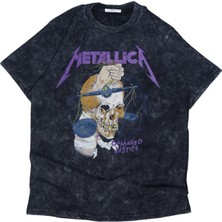 Unisex Damaged Justice Metallica Baskılı Yıkamalı T-Shirt, Oversize Rock Band Temalı Retro Tişört