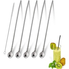 6'lı Paslanmaz Krom Pipetli Kokteyl Bar Kaşığı ve Temizleme Fırçası, Gümüş Renk
