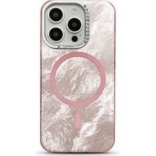 Apple iPhone 15 Pro Uyumlu Kılıf Zebana Glow Taşlı Silikon Kılıf (Kablosuz Şarj) Rose Gold