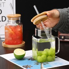 Pembe Bambu Kapaklı Borosilikat Sunum Bardağı, Pipetli, Kulplu, 650 ml