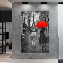Kanvas Tablo, Yağmurlu Paris Sokakları, Kırmızı Şemsiye, Kadın Temalı, Büyük Boy, Dekoratif