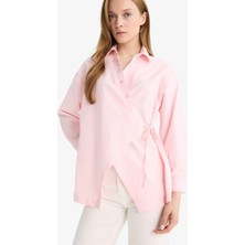 DeFacto Regular Fit Gömlek Yaka Önden Bağlamalı Poplin Uzun Kollu Gömlek Tunik F8347AX25AU