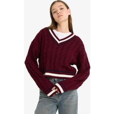 DeFacto Regular Fit V Yaka Saç Örgülü Triko Kazak C7321AX25WN