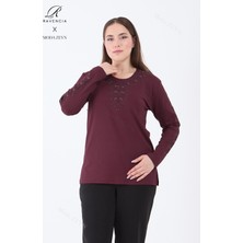 Kadın Orta Yaş ve Üzeri Viskon Şerit Çiçek Desen Taşlı Işlemeli Likralı Koyu Bordo Anne Penye Bluz