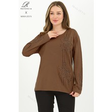 Kadın Orta Yaş ve Üzeri Viskon Şerit Desen Taşlı Işlemeli Likralı Koyu Kahverengi Anne Penye Bluz