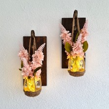 Pembe Şebboy Çiçekli LED Aplik, Ceviz Renkli, Ikili Set Duvar Dekoru