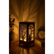 Kahverengi Ahşap Mini Lazer Kesim Masa Lambası, Pilli Peri LED ile Şık Süs