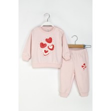 Dmb Boys & Girls Kız Bebek Kalpli Eşofman Takım Pudra Renk Bisiklet Yaka Sweatshirt ve Lastikli Eşofman Altı