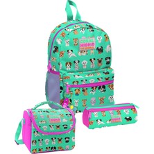 Coral High Kids Su Yeşili Neon Pembe Köpek Desenli 3lü Okul Çanta Seti