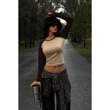 Kahverengi Raglan Kollu Bej Basic Y2K Uzun Kollu Crop
