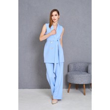 Gold Düğme Kuşaklı Yelek Takım Bebe Mavi