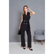 Gold Düğme Kuşaklı Yelek Takım Siyah