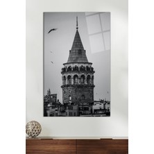 Siyah Beyaz Galata Kulesi Dikey Cam Tablo, Modern Ev Dekoru Hediyelik Duvar Dekorasyonu Kırılmaz Cam