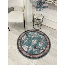 Brillant Soft Mavi Kuş Desenli Bordürlü Kaydırmaz Yuvarlak Halı