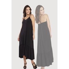 Siyah Sırtı Çapraz Askılı Etek Ucu Bloklu Asimetrik Elbise 24L7549