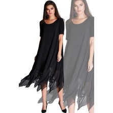 Rahat Kesim U Yaka Etek Ucu Asimetrik Şifon ve Dantel Detay Tasarım Elbise Gündüzden Geceye Şıklık