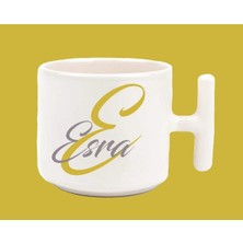 Özel E Harfli Isimli Altın Detaylı Gri T Kulplu Kupa Bardak