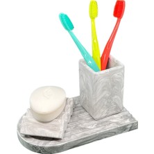 3 Parça Mermer Desenli Banye Seti Düzenleyici Katı Sabunluk Diş Fırçalık Sunum Tepsisi