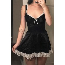 Siyah Dantelli Kurdeleli Kare Yaka Lolita Mini Elbise