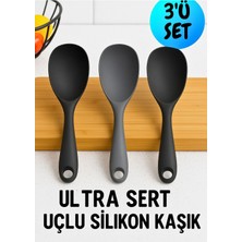 3’lü Siyah-Gri Silikon Kaşık Seti, 20 Cm, Ultra Sert Uçlu, Isıya Dayanıklı, Dayanıklı Kullanım