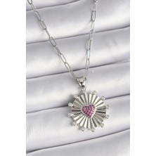 316L Çelik Gümüş Renk Pembe Zirkon Taşlı Kalp Işleme Madalyon Model Kadın Kolye