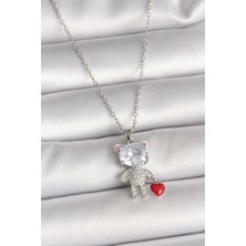 316L Çelik Gümüş Renk Zincir Zirkon Taşlı Ayıcık Model Kırmızı Kalp Detay Kadın Kolye