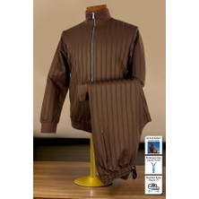 Kahverengi Dik Yaka Eşofman Takımı Çizgili Kumaş Astarlı Düz Paça Fermuarlı Cepli Erkek