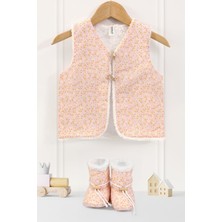 Hamur Kız Bebek Yelek ve Patik Takımı 2 li Set Çift Taraflı Düğmeli Yenidoğan Pamuklu Koyun Tüyü Leila