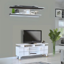 Neva Mobilya Mega TV  Sehpası Beyaz 2 Kapaklı Raflı Gold Detaylı Sehpa 130x36x59 Cm