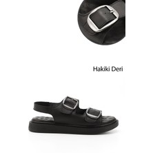 Gönderi(r) Kadın Siyah Cırtlı Tokalı Dolgu Taban Hakiki Deri Comfort Sandalet