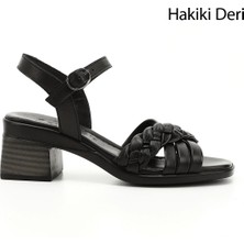 Gönderi® Kadın Siyah Bilek Bağlı Örgü Bantlı Hakiki Deri Sandalet