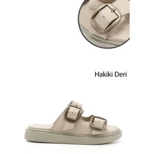 GÖNDERİ Kadın Bej  Tokalı Dolgu Taban Hakiki Deri Comfort Terlik