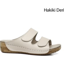 Kadın Krem Cırtlı Dolgu Taban Hakiki Deri Terlik