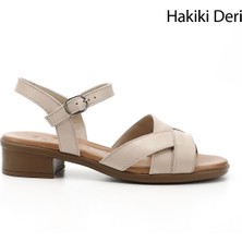 GÖNDERİ Kadın Antik Bej  Kısa Kalın Topuklu Hakiki Deri Sandalet