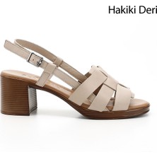 GÖNDERİ Kadın Antik Bej  Örgü Bantlı Kalın Topuklu Hakiki Deri Sandalet