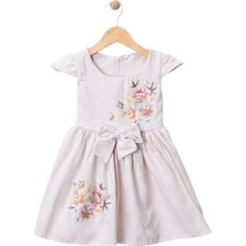 Baskılı Keten Elbise Bej