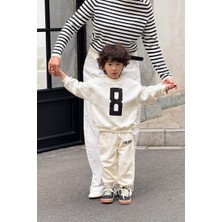 Erkek Çocuk Pamuklu Ekru 8 Baskılı Sweatshirt ve Eşofman Alt Takım