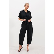 Hak Kolu Katlamalı Cepli Tulum Kadın Keten Kumaş Düz Desen Şık Siyah Renk