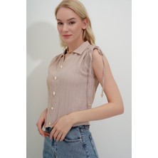 FLX Polo V Yaka Omuz Ip Büzgülü Bluz