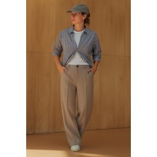 Hak Yüksek Bel Dikiş Detaylı Kadın Kumaş Pantolon Geniş Paça Siyah Dokuma Stilde