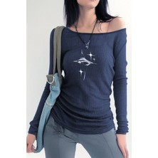 Köstebek Lacivert Kadın Bluz Crystal Eye Madonna Yaka Uzun Kollu Crop Pamuklu Günlük Stil