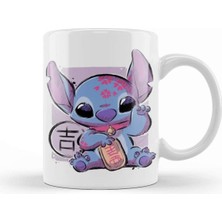 Beyaz Porselen Stitch Desenli Kupa Bardak, Şık ve Dayanıklı Tasarım