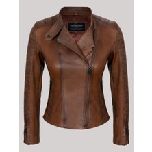 Hakiki Deri Kahverengi Omuzdan Düz Çizgi Desenli Yandan Cepli Kadın Deri Mont