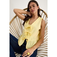 Kadın V Yaka Fiyonk Detaylı Müslin Peplum Bluz G-