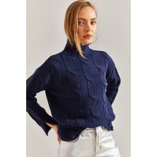 Shade Kadın Yarım Balıkçı Yaka Saç Örgü Desenli Triko Kazak